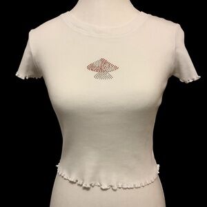 SOCIAL CULTURE WHITE/ MUSHROOM RHINESTONE DESIGN/ LETTUCE TRIM CROP TOP/ Size XS